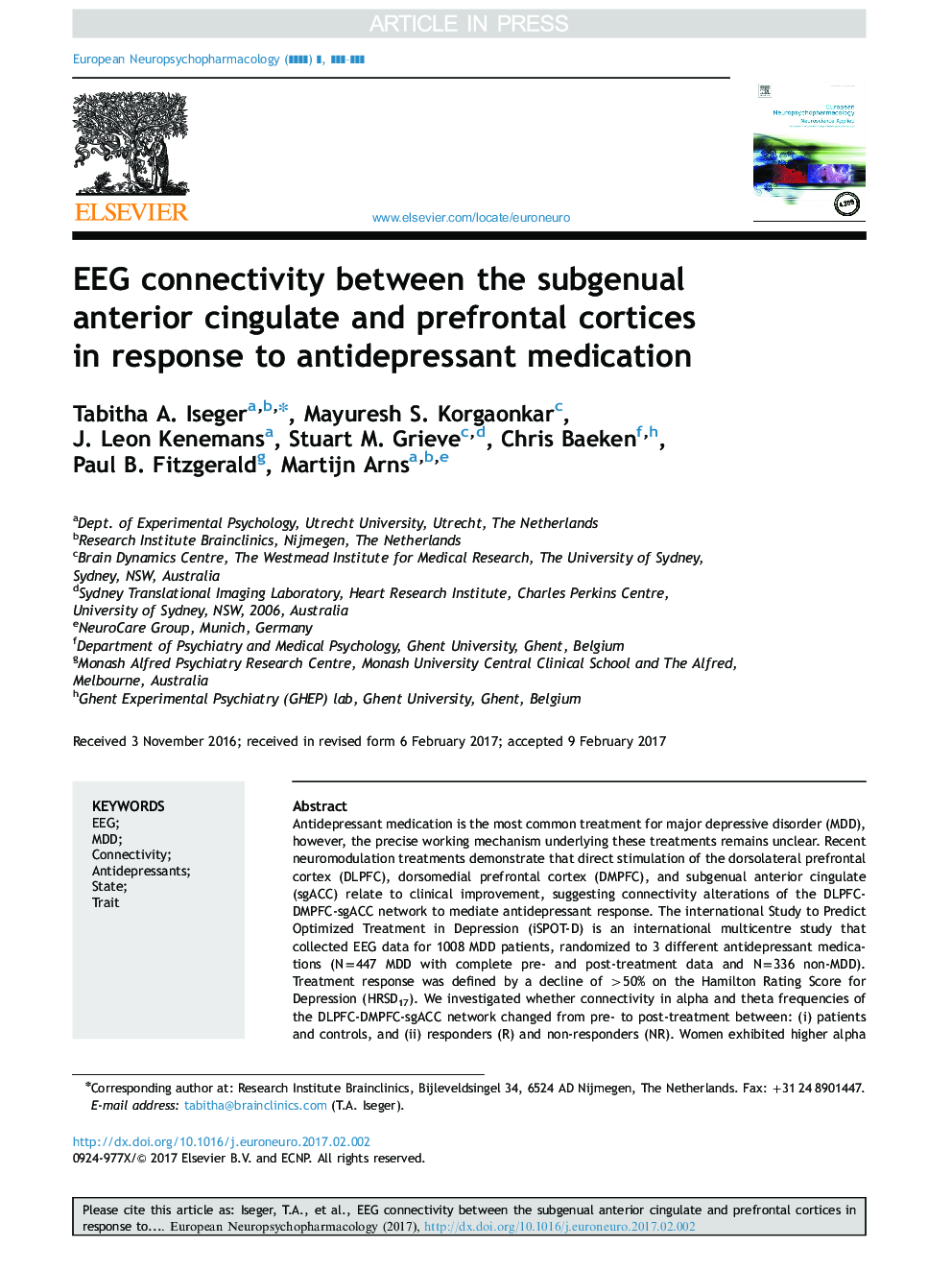 EEG connectivity between the subgenual anterior cingulate and prefrontal cortices in response to antidepressant medication