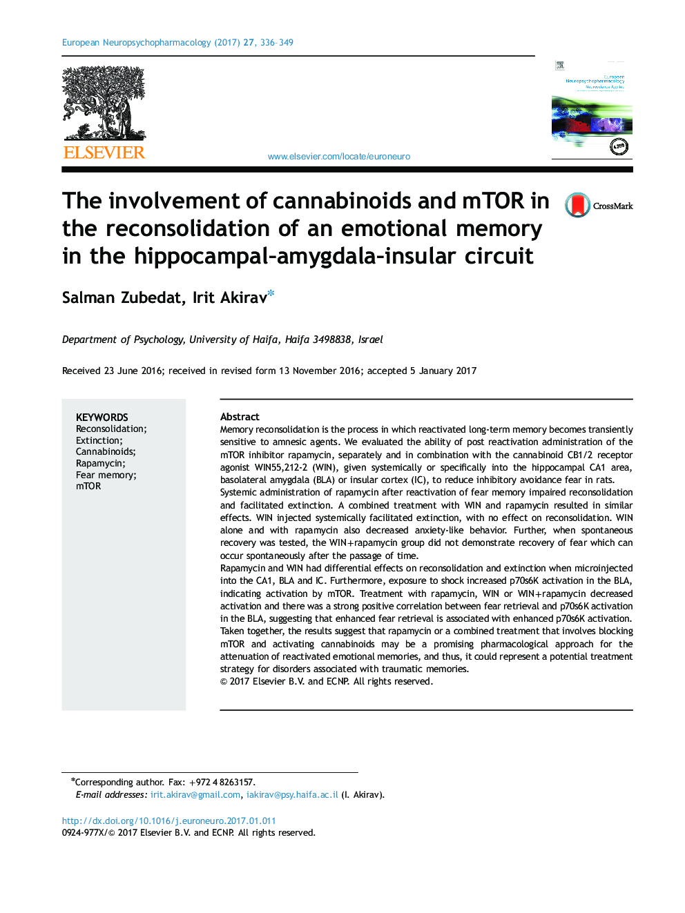 The involvement of cannabinoids and mTOR in the reconsolidation of an emotional memory in the hippocampal-amygdala-insular circuit