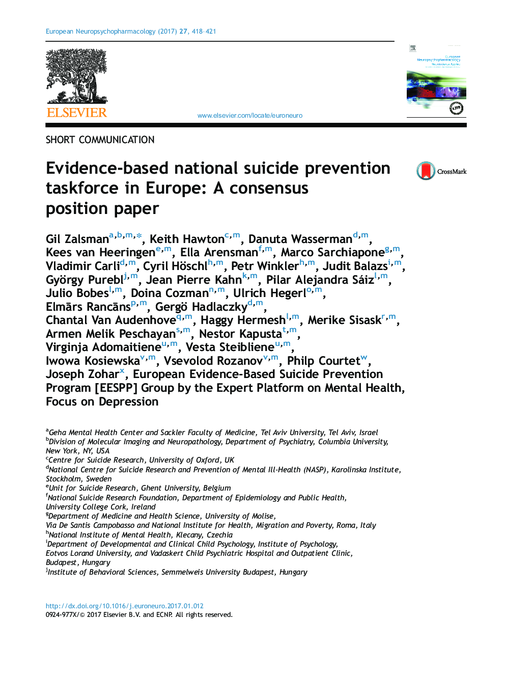 کارگروه پیشگیری از خودکشی در اروپا مبتنی بر شواهد در اروپا: یک مقاله موضعی در مورد توافقنامه 