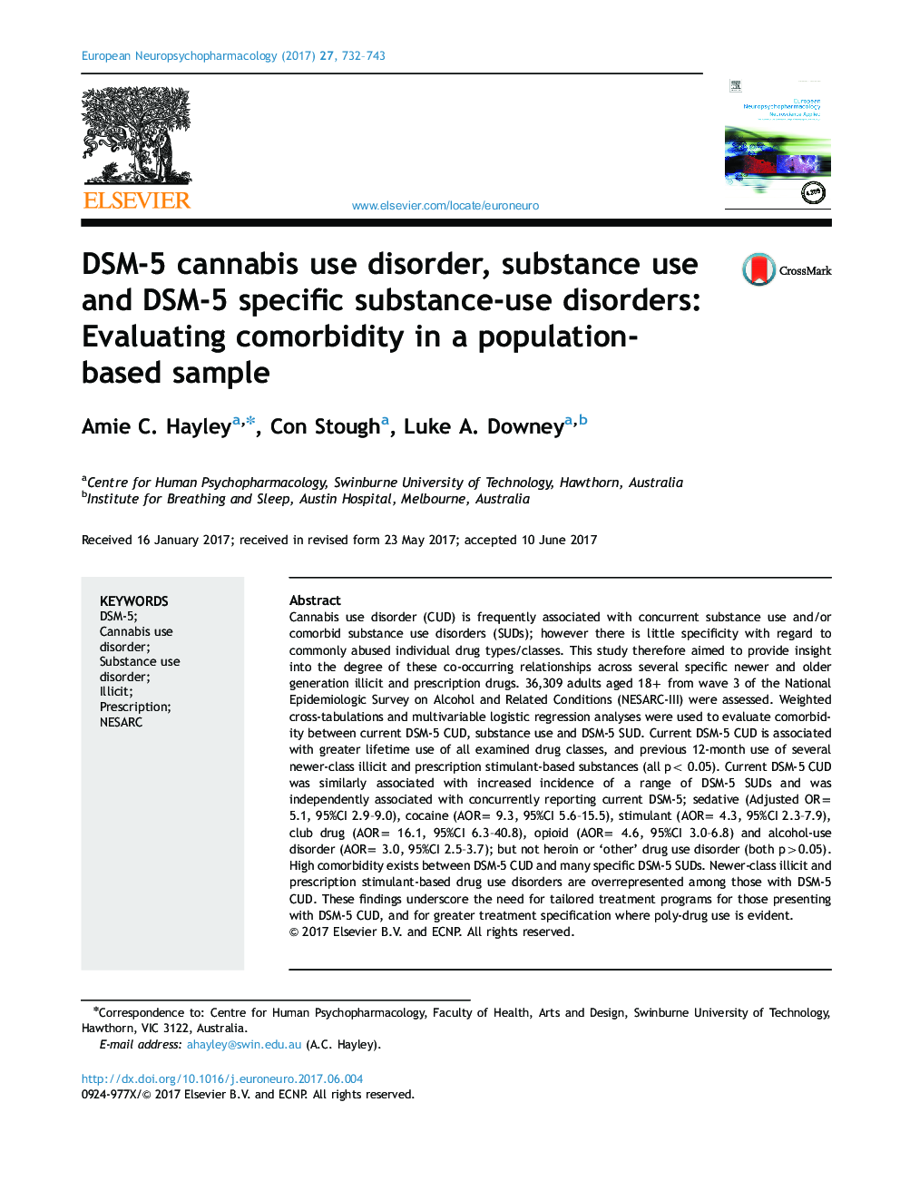 DSM-5 cannabis use disorder, substance use and DSM-5 specific substance-use disorders: Evaluating comorbidity in a population-based sample