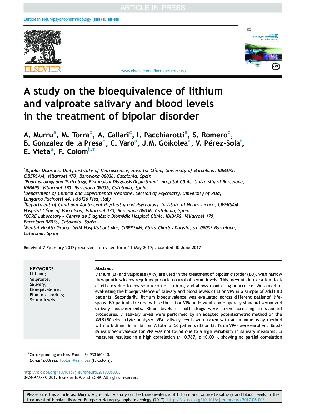 A study on the bioequivalence of lithium and valproate salivary and blood levels in the treatment of bipolar disorder