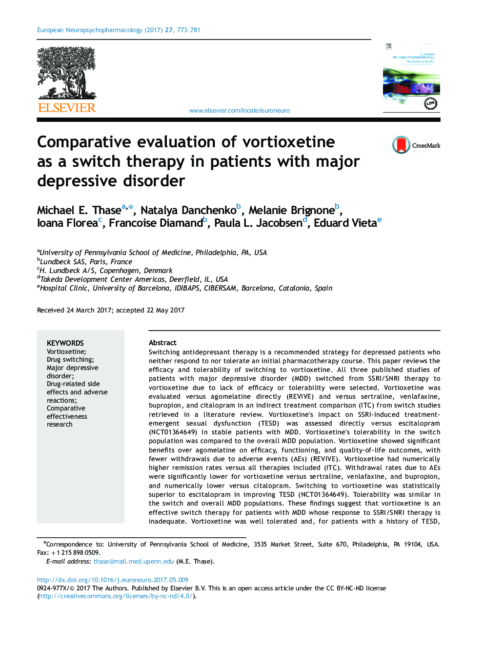 Comparative evaluation of vortioxetine as a switch therapy in patients with major depressive disorder