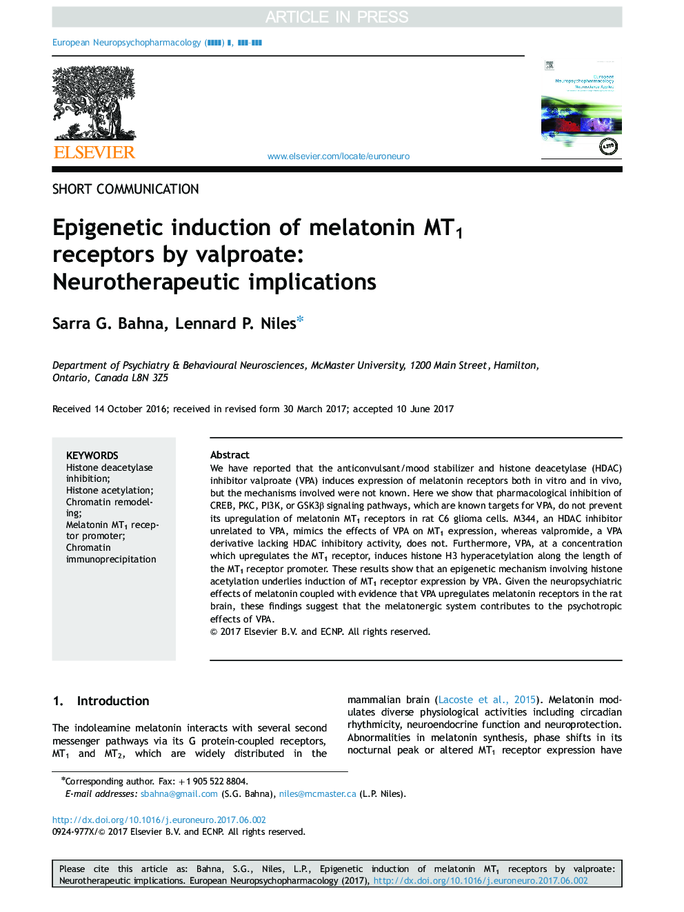 Epigenetic induction of melatonin MT1 receptors by valproate: Neurotherapeutic implications