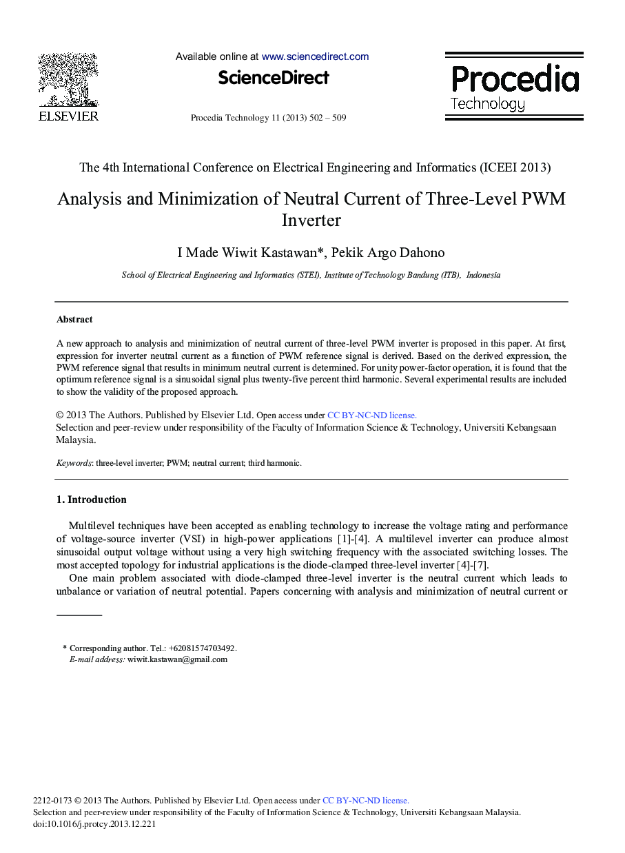 Analysis and Minimization of Neutral Current of Three-level PWM Inverter 