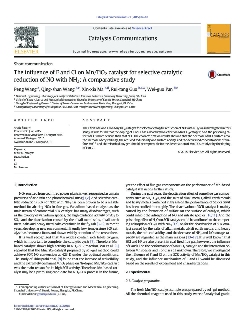 The influence of F and Cl on Mn/TiO2 catalyst for selective catalytic reduction of NO with NH3: A comparative study