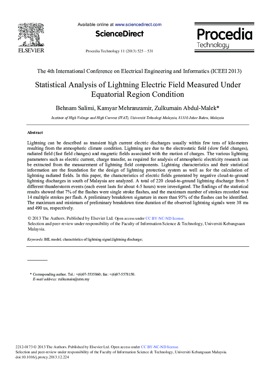 Statistical Analysis of Lightning Electric Field Measured Under Equatorial Region Condition 