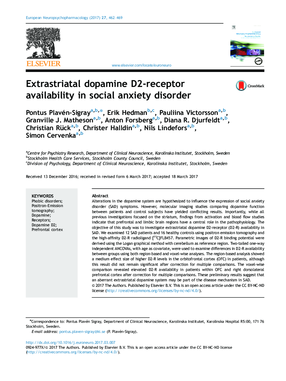 Extrastriatal dopamine D2-receptor availability in social anxiety disorder