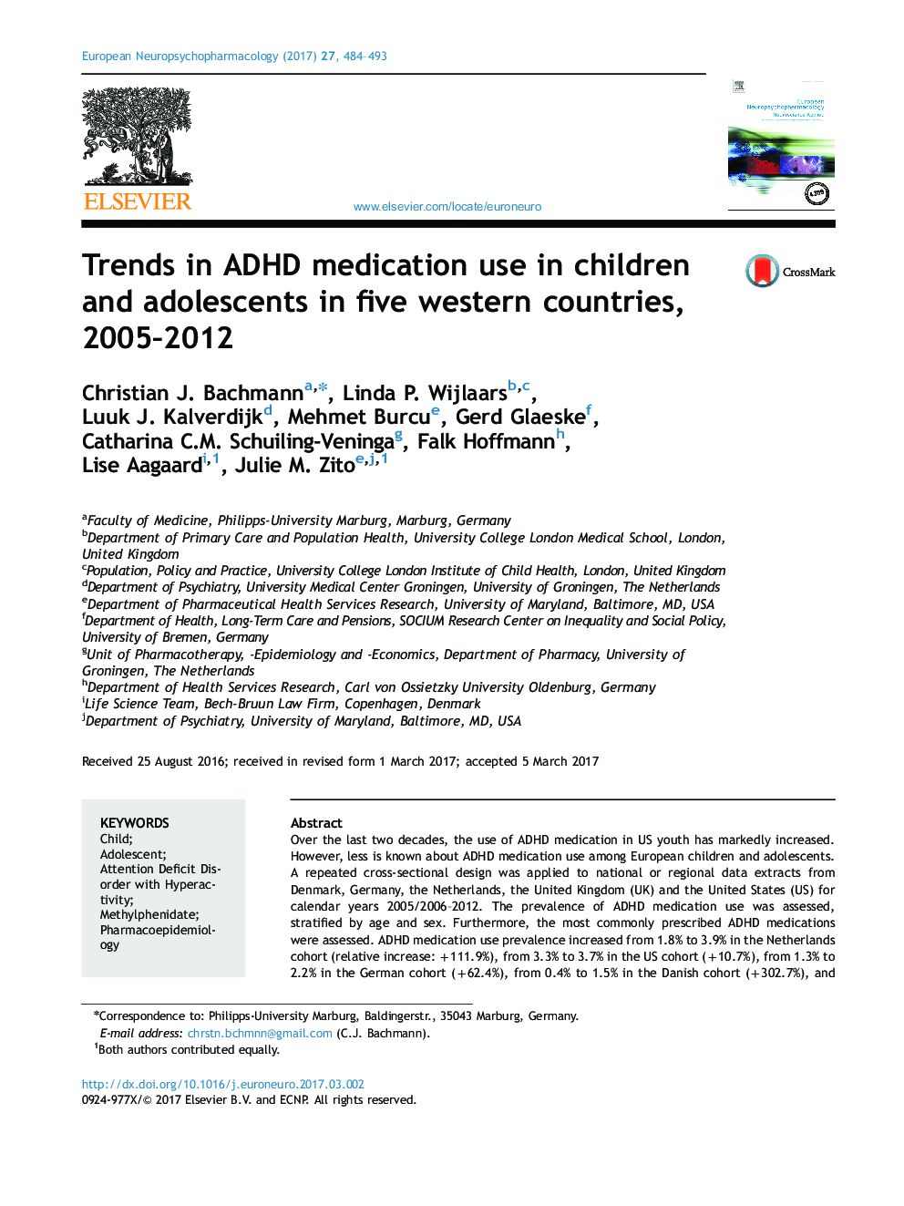 Trends in ADHD medication use in children and adolescents in five western countries, 2005-2012