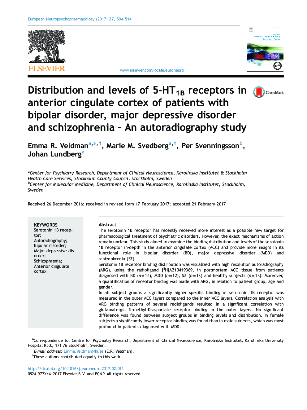 Distribution and levels of 5-HT1B receptors in anterior cingulate cortex of patients with bipolar disorder, major depressive disorder and schizophrenia - An autoradiography study