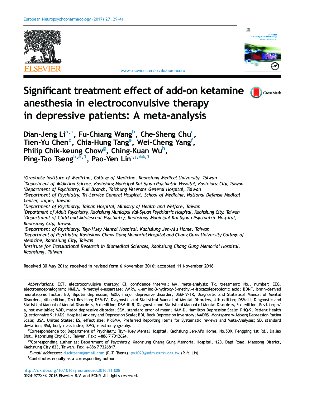 Significant treatment effect of add-on ketamine anesthesia in electroconvulsive therapy in depressive patients: A meta-analysis