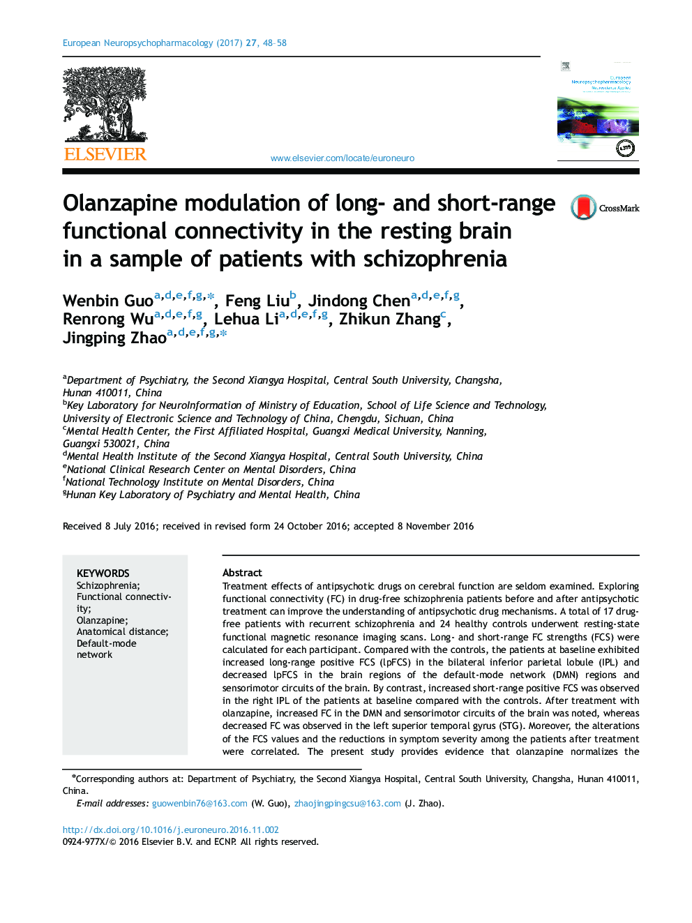 Olanzapine modulation of long- and short-range functional connectivity in the resting brain in a sample of patients with schizophrenia