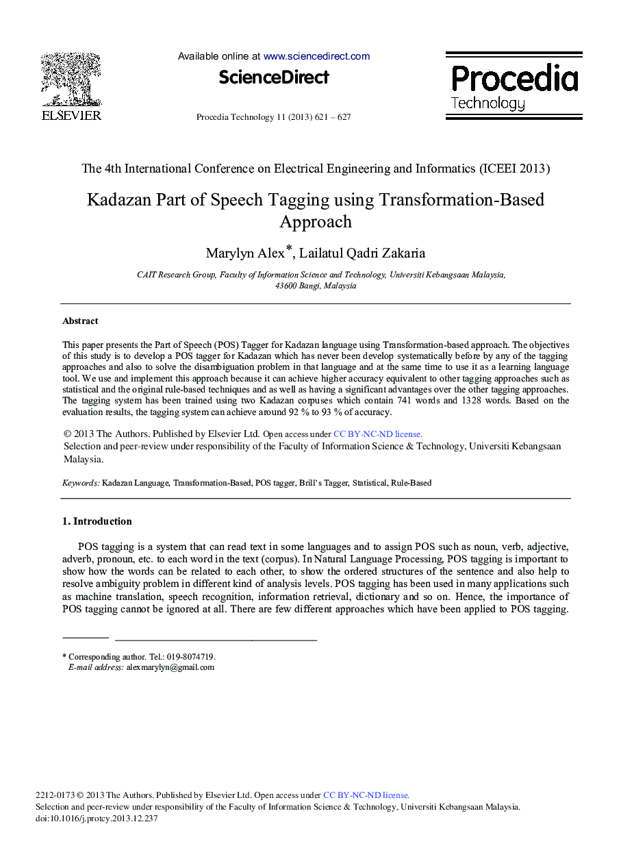 Kadazan Part of Speech Tagging Using Transformation-based Approach 