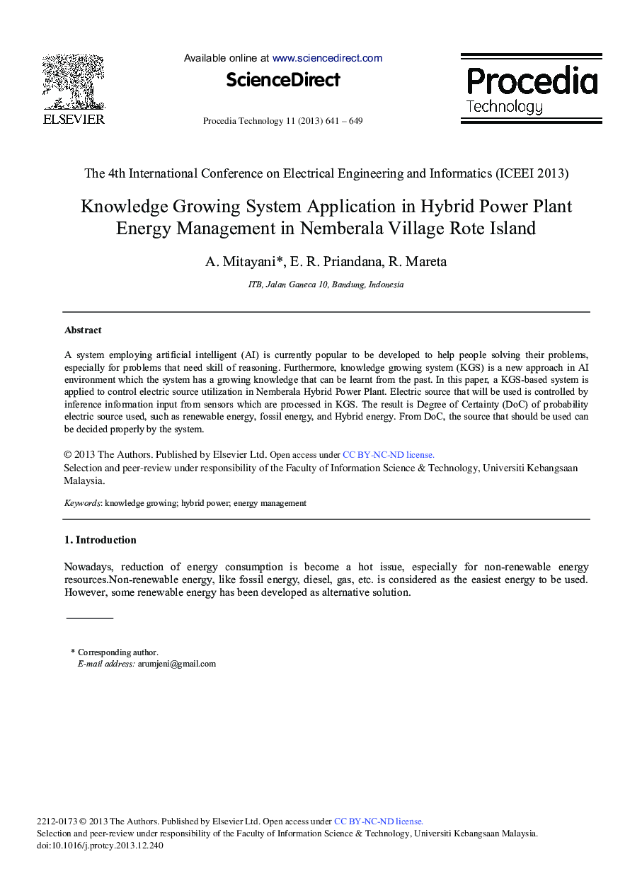 Knowledge Growing System Application in Hybrid Power Plant Energy Management in Nemberala Village Rote Island 