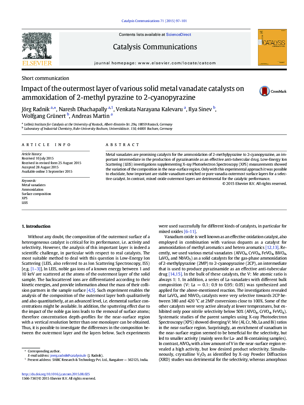 Impact of the outermost layer of various solid metal vanadate catalysts on ammoxidation of 2-methyl pyrazine to 2-cyanopyrazine