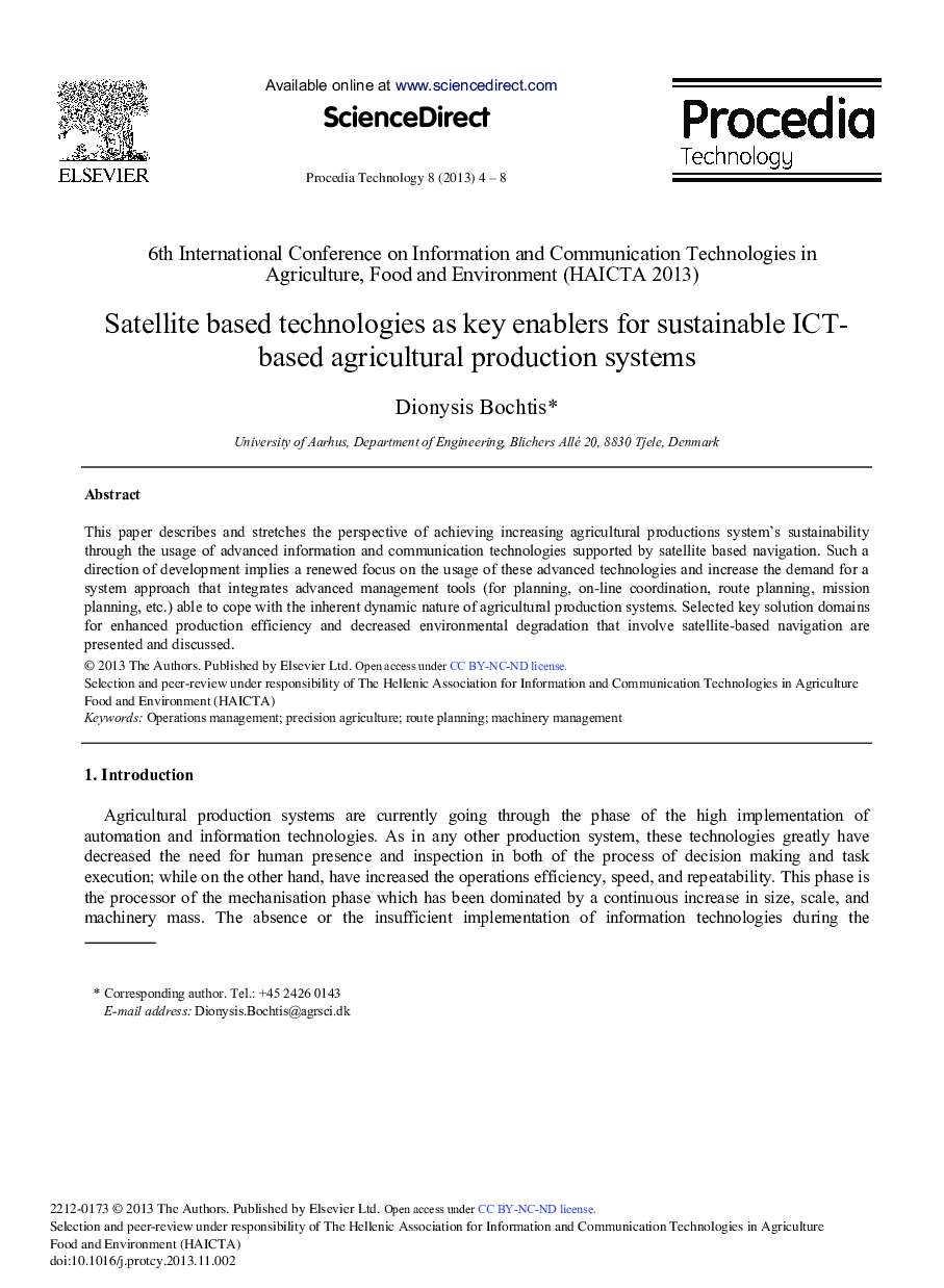 Satellite based Technologies as Key Enablers for Sustainable Ict-based Agricultural Production Systems 