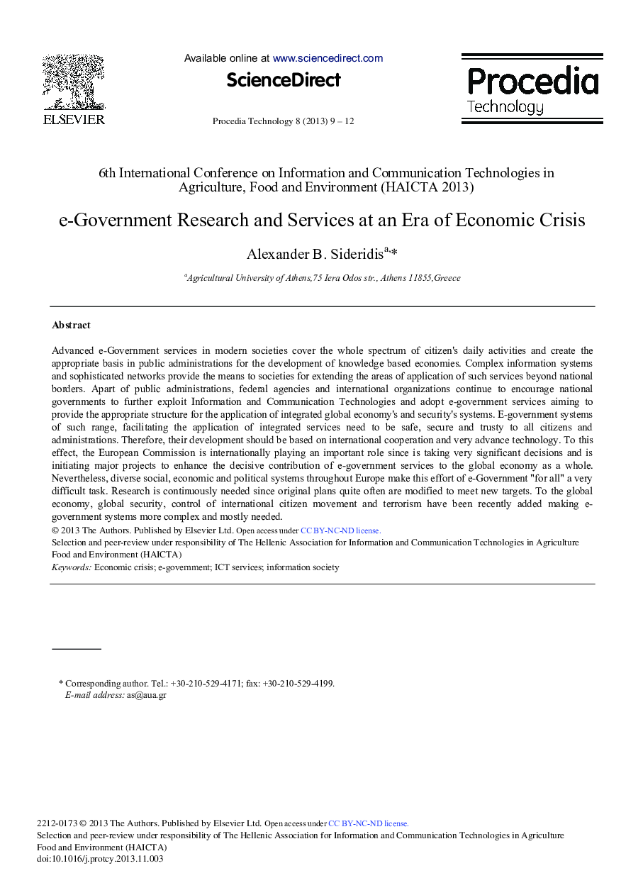 e-Government Research and Services at an Era of Economic Crisis 