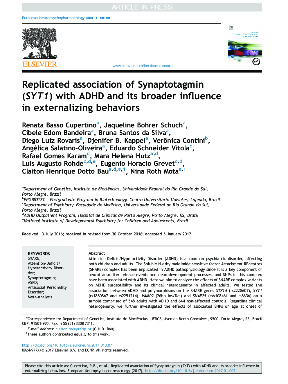 Replicated association of Synaptotagmin (SYT1) with ADHD and its broader influence in externalizing behaviors