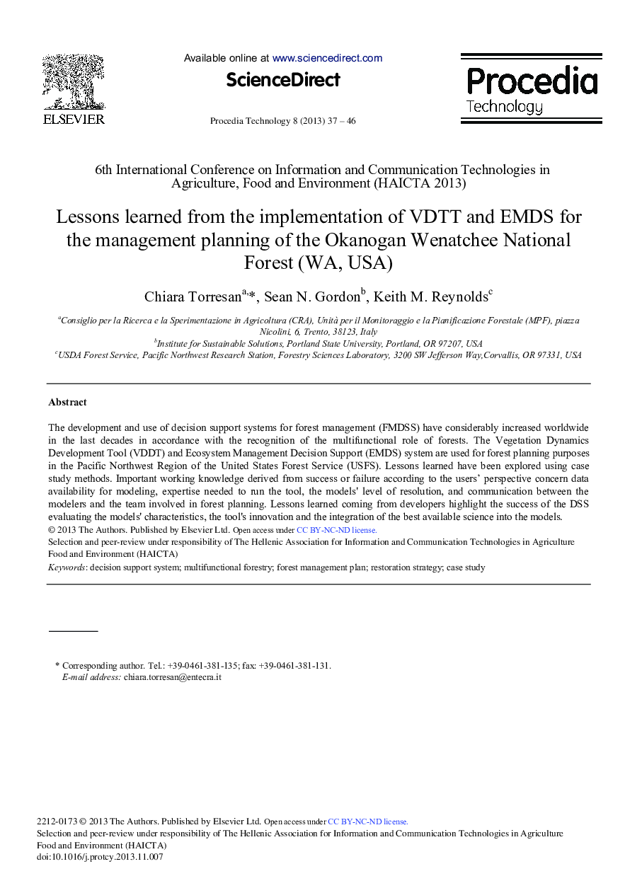 Lessons Learned from the Implementation of VDTT and EMDS for the Management Planning of the Okanogan Wenatchee National Forest (WA, USA) 