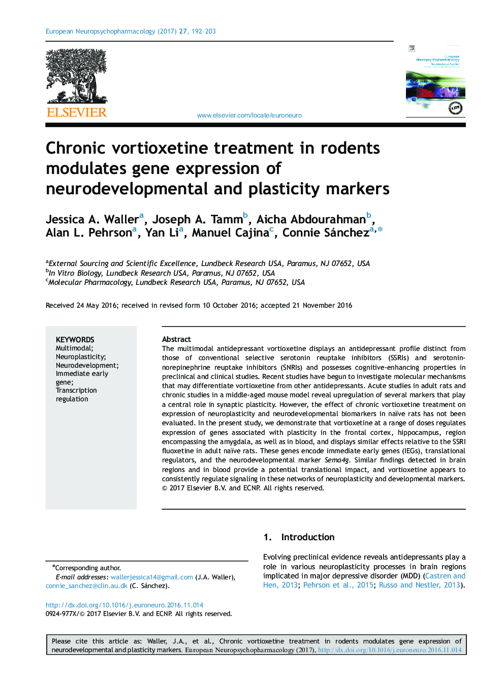 Chronic vortioxetine treatment in rodents modulates gene expression of neurodevelopmental and plasticity markers