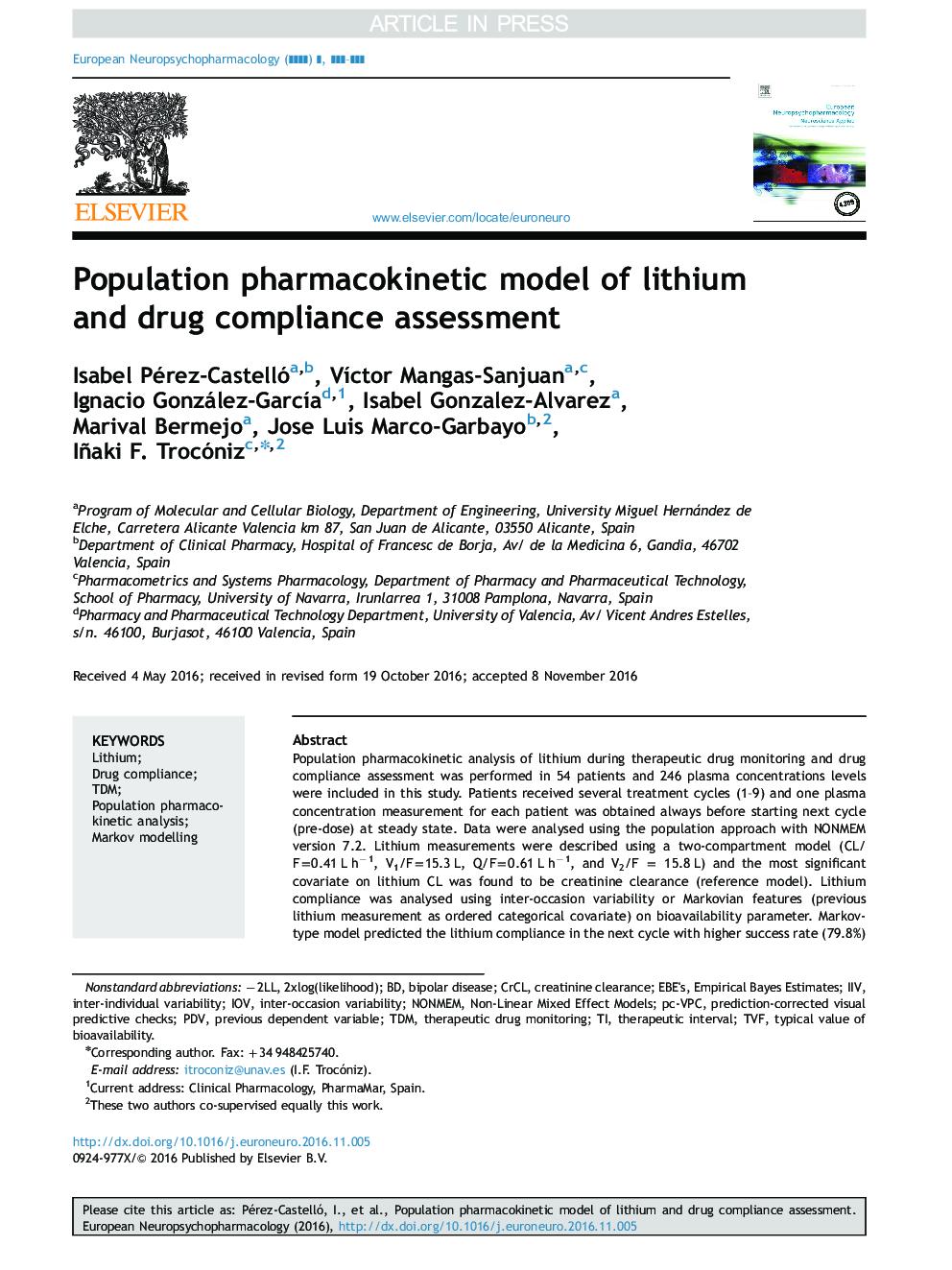 Population pharmacokinetic model of lithium and drug compliance assessment