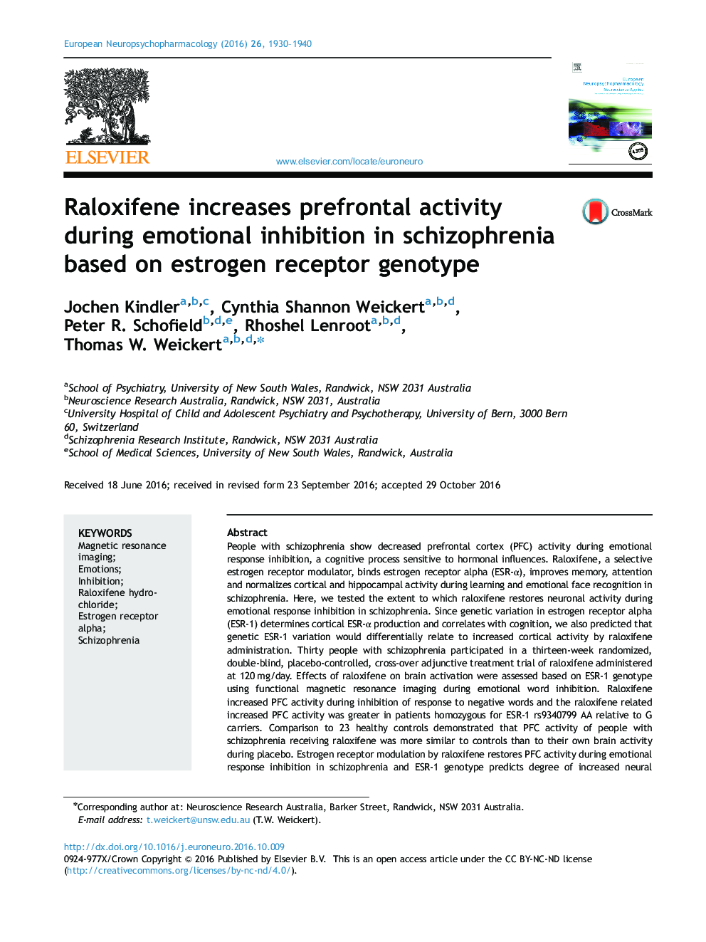 Raloxifene increases prefrontal activity during emotional inhibition in schizophrenia based on estrogen receptor genotype