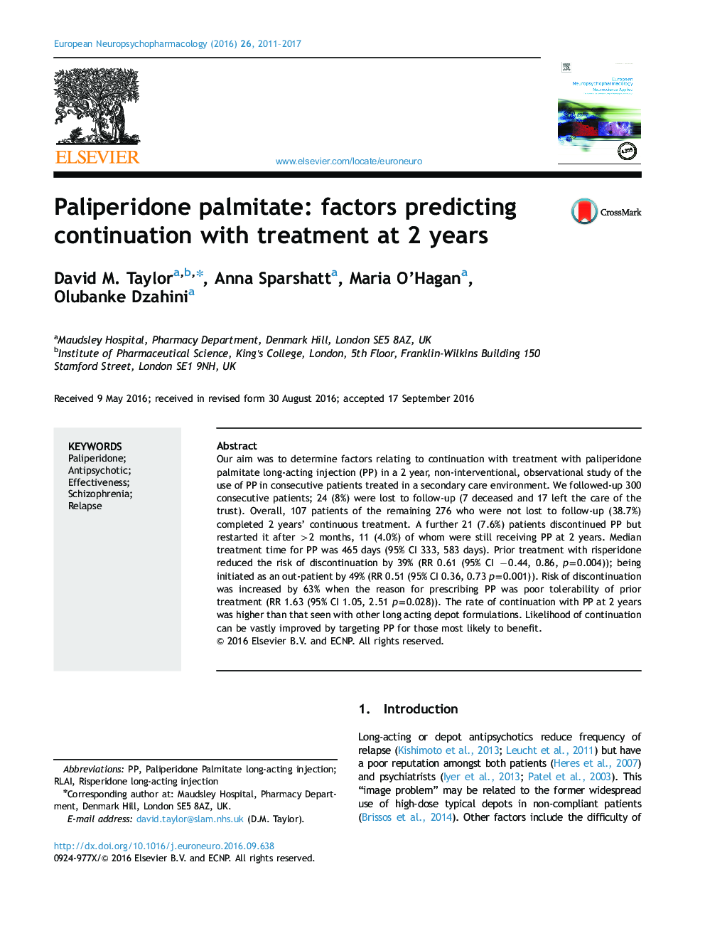 Paliperidone palmitate: factors predicting continuation with treatment at 2 years