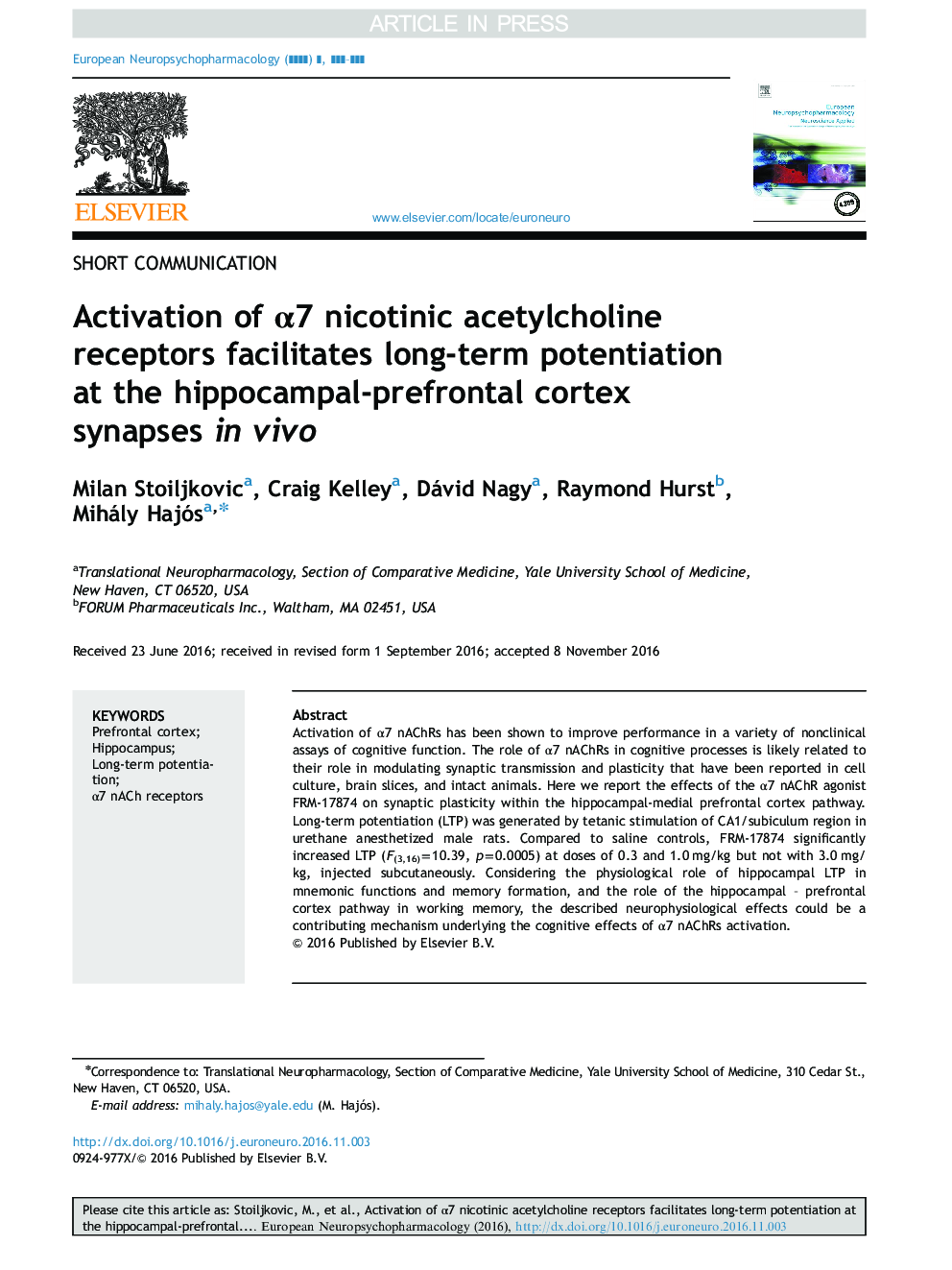 Activation of Î±7 nicotinic acetylcholine receptors facilitates long-term potentiation at the hippocampal-prefrontal cortex synapses in vivo