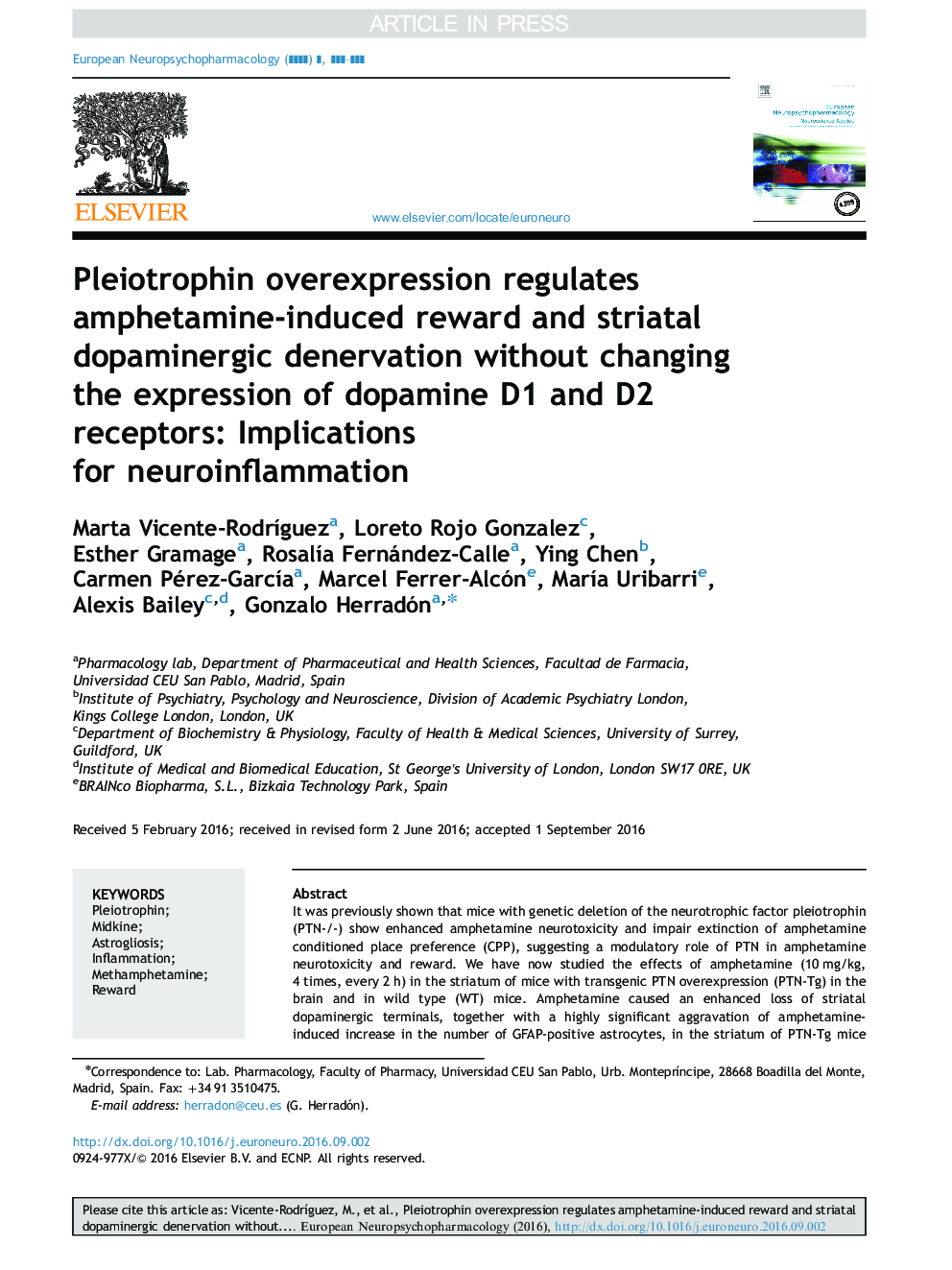 Pleiotrophin overexpression regulates amphetamine-induced reward and striatal dopaminergic denervation without changing the expression of dopamine D1 and D2 receptors: Implications for neuroinflammation