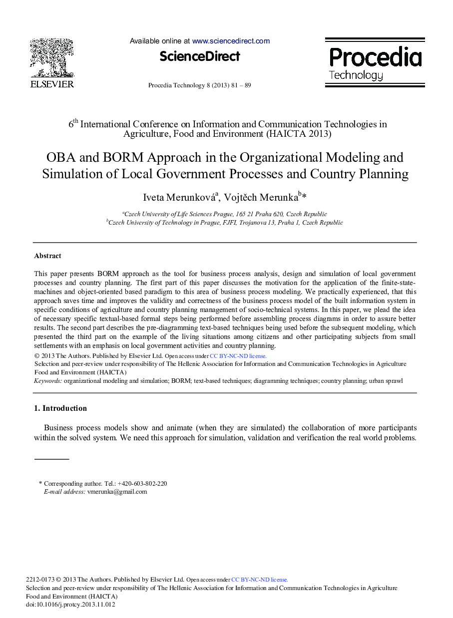 OBA and BORM Approach in the Organizational Modeling and Simulation of Local Government Processes and Country Planning 