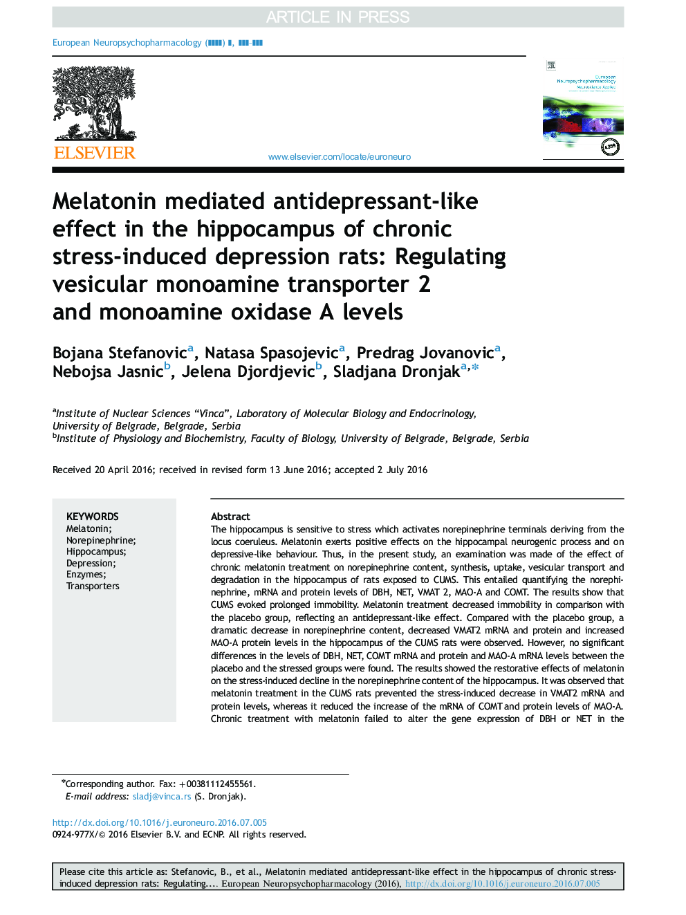 Melatonin mediated antidepressant-like effect in the hippocampus of chronic stress-induced depression rats: Regulating vesicular monoamine transporter 2 and monoamine oxidase A levels