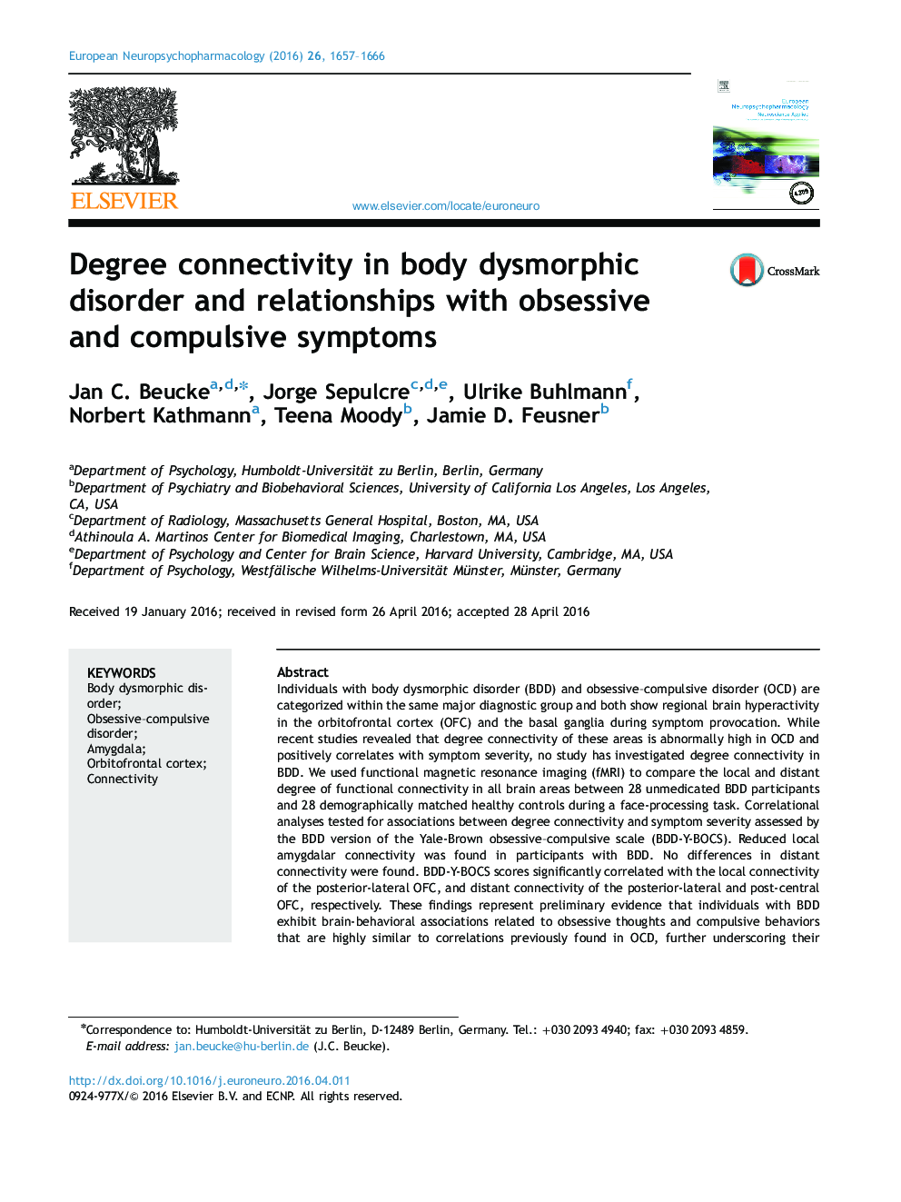 Degree connectivity in body dysmorphic disorder and relationships with obsessive and compulsive symptoms