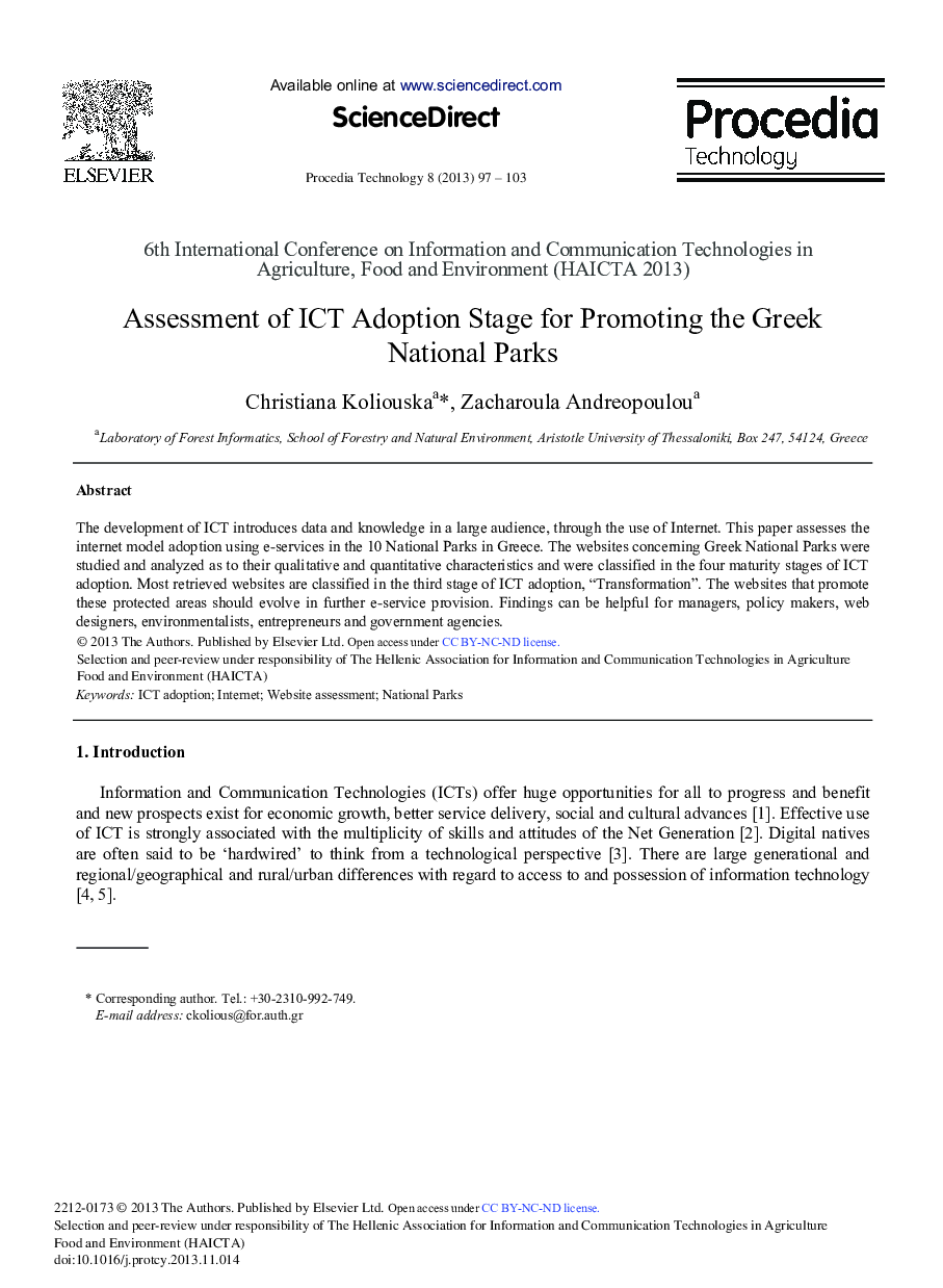 Assessment of ICT Adoption Stage for Promoting the Greek National Parks 