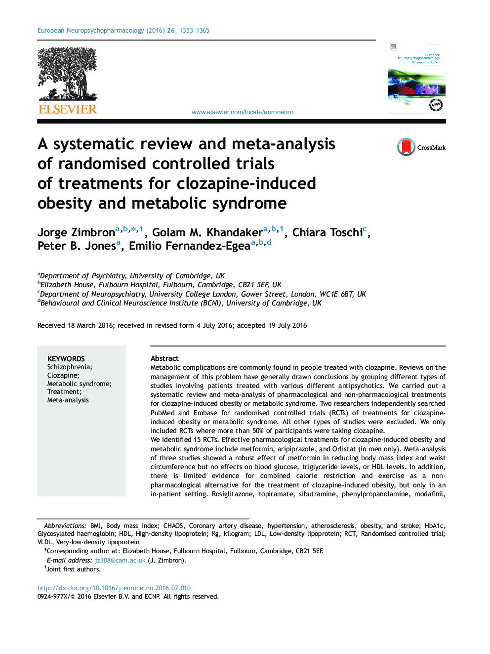یک بررسی سیستماتیک و متاآنالیز آزمایشهای کنترل شده تصادفی درمانهای چاقی ناشی از کلوزاپین و سندرم متابولیک 