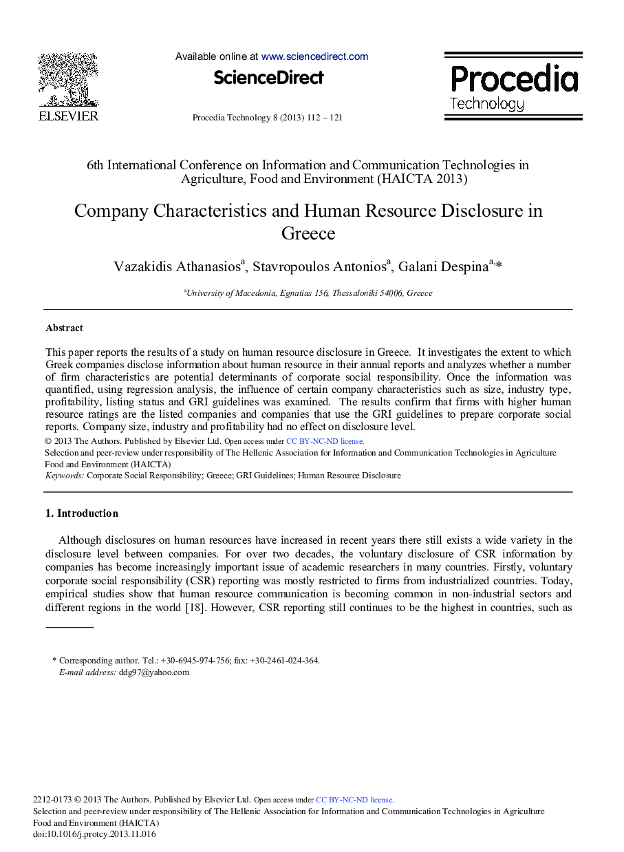 Company Characteristics and Human Resource Disclosure in Greece 