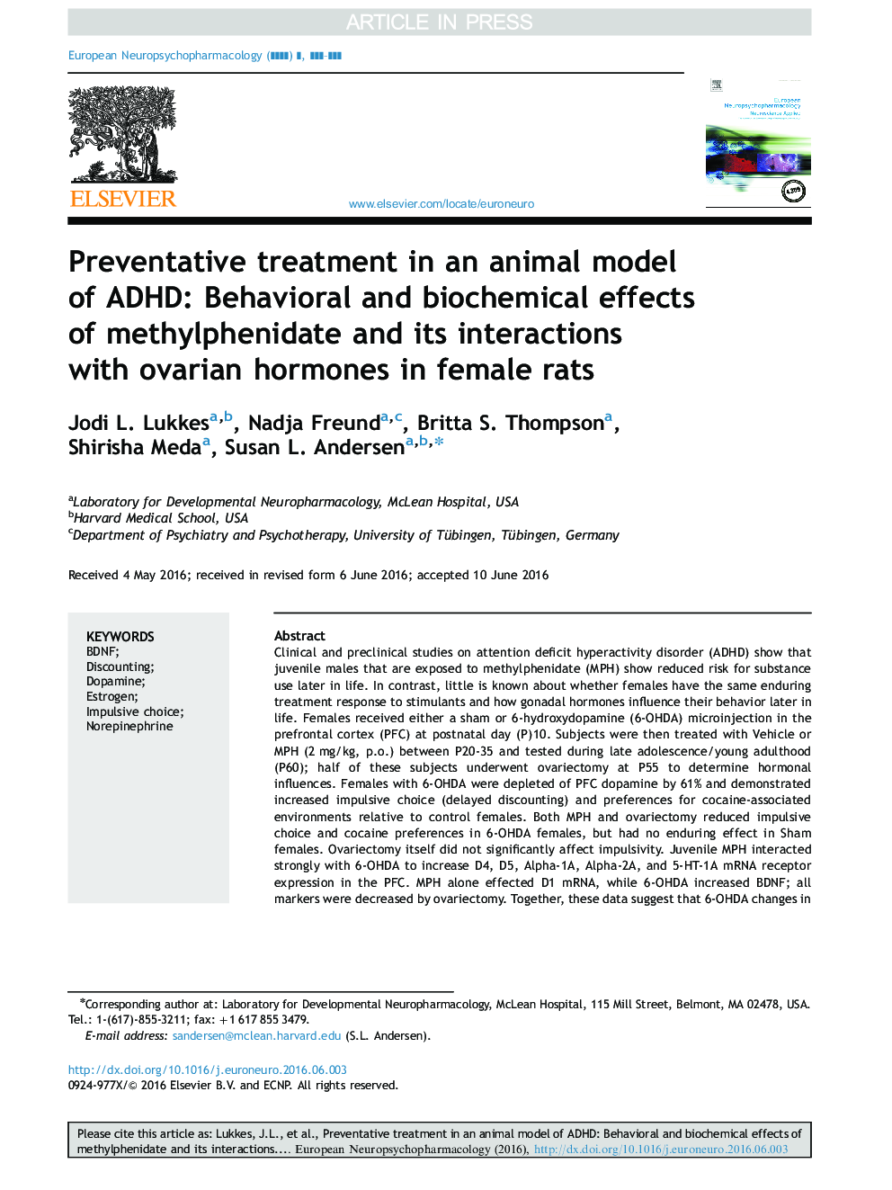 Preventative treatment in an animal model of ADHD: Behavioral and biochemical effects of methylphenidate and its interactions with ovarian hormones in female rats