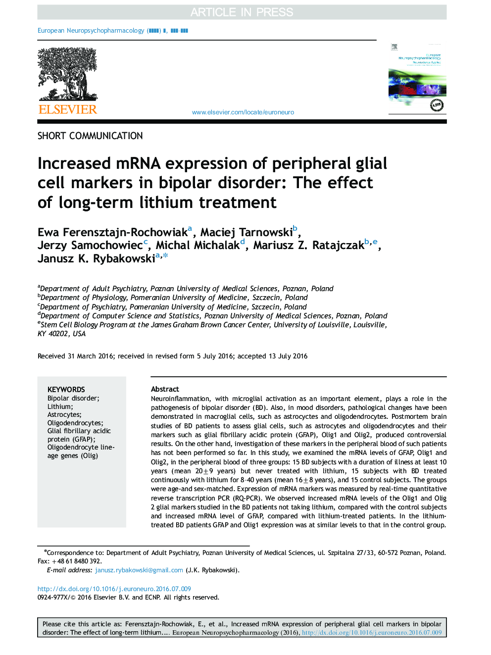 Increased mRNA expression of peripheral glial cell markers in bipolar disorder: The effect of long-term lithium treatment