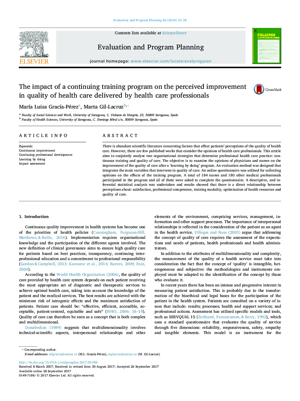 The impact of a continuing training program on the perceived improvement in quality of health care delivered by health care professionals