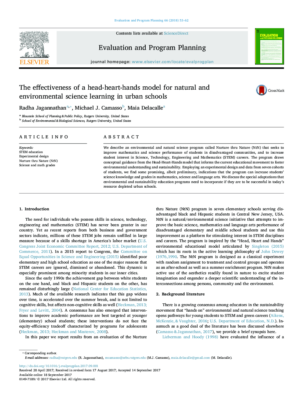 The effectiveness of a head-heart-hands model for natural and environmental science learning in urban schools