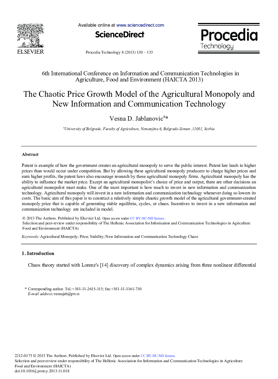 The Chaotic Price Growth Model of the Agricultural Monopoly and New Information and Communication Technology 