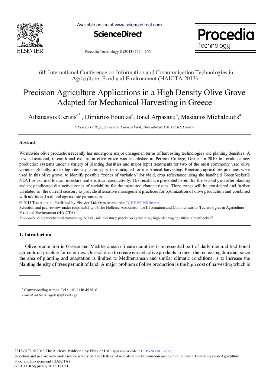 Precision Agriculture Applications in a High Density Olive Grove Adapted for Mechanical Harvesting in Greece 