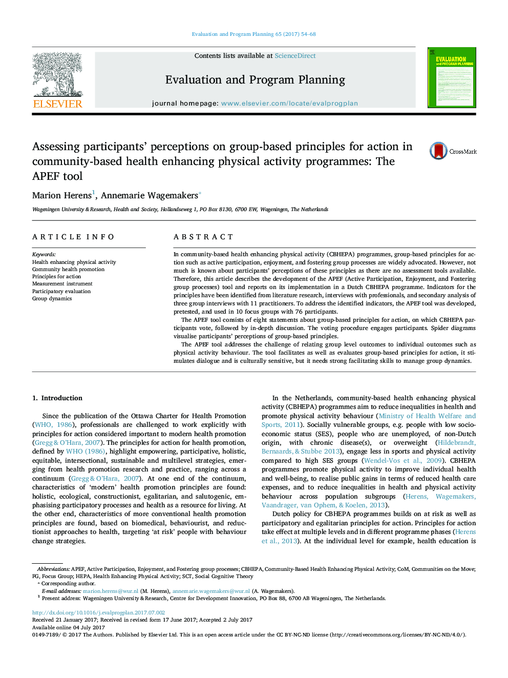 Assessing participants' perceptions on group-based principles for action in community-based health enhancing physical activity programmes: The APEF tool