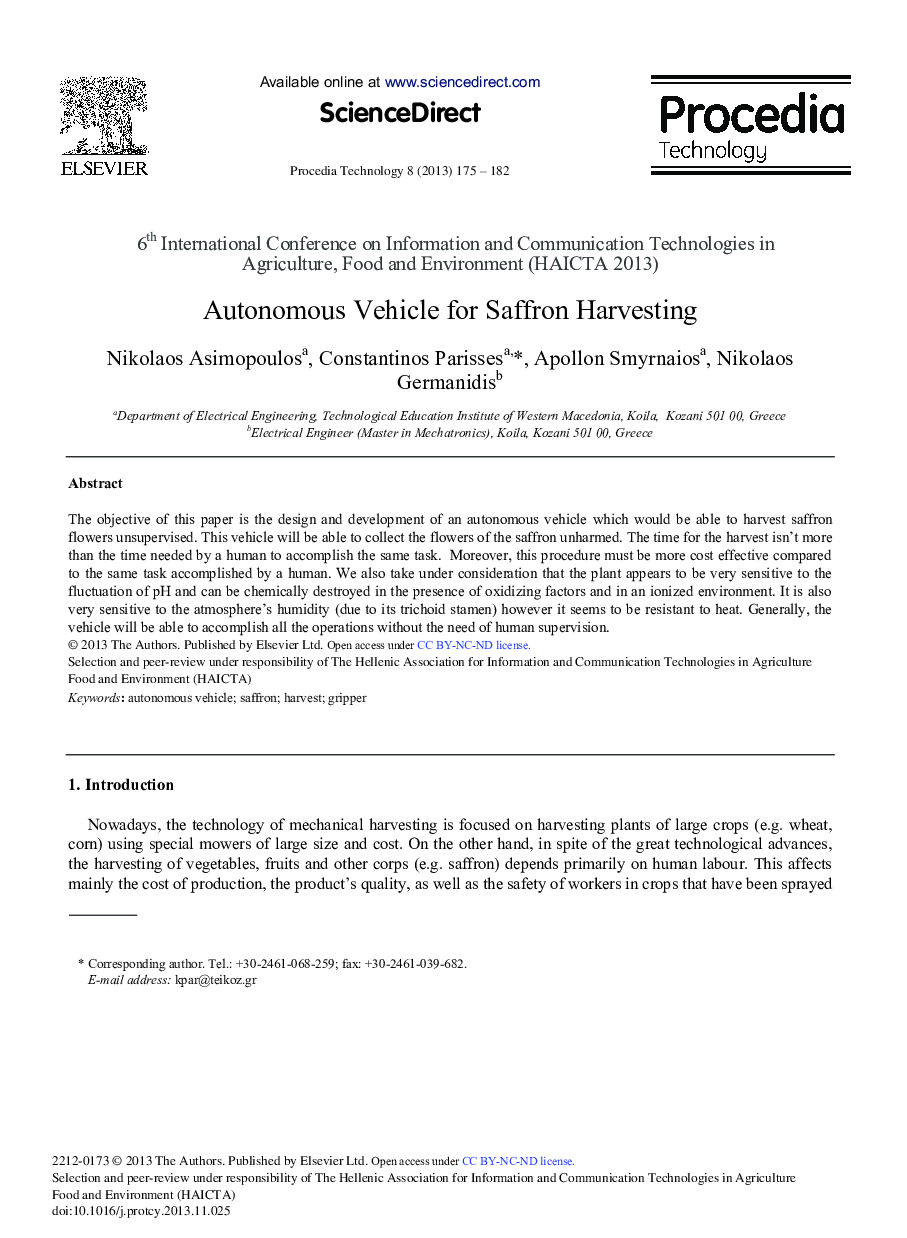 Autonomous Vehicle for Saffron Harvesting 