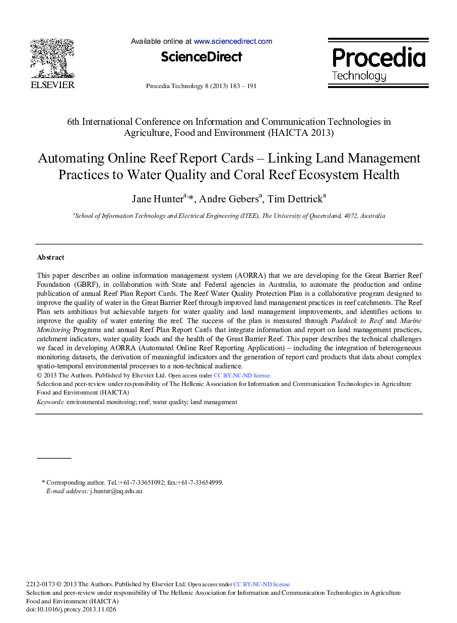 Automating Online Reef Report Cards – Linking Land Management Practices to Water Quality and Coral Reef Ecosystem Health 