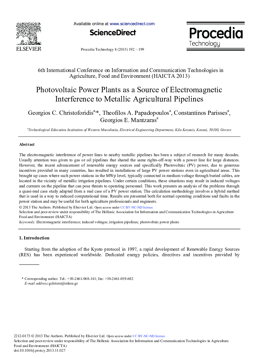 Photovoltaic Power Plants as a Source of Electromagnetic Interference to Metallic Agricultural Pipelines 