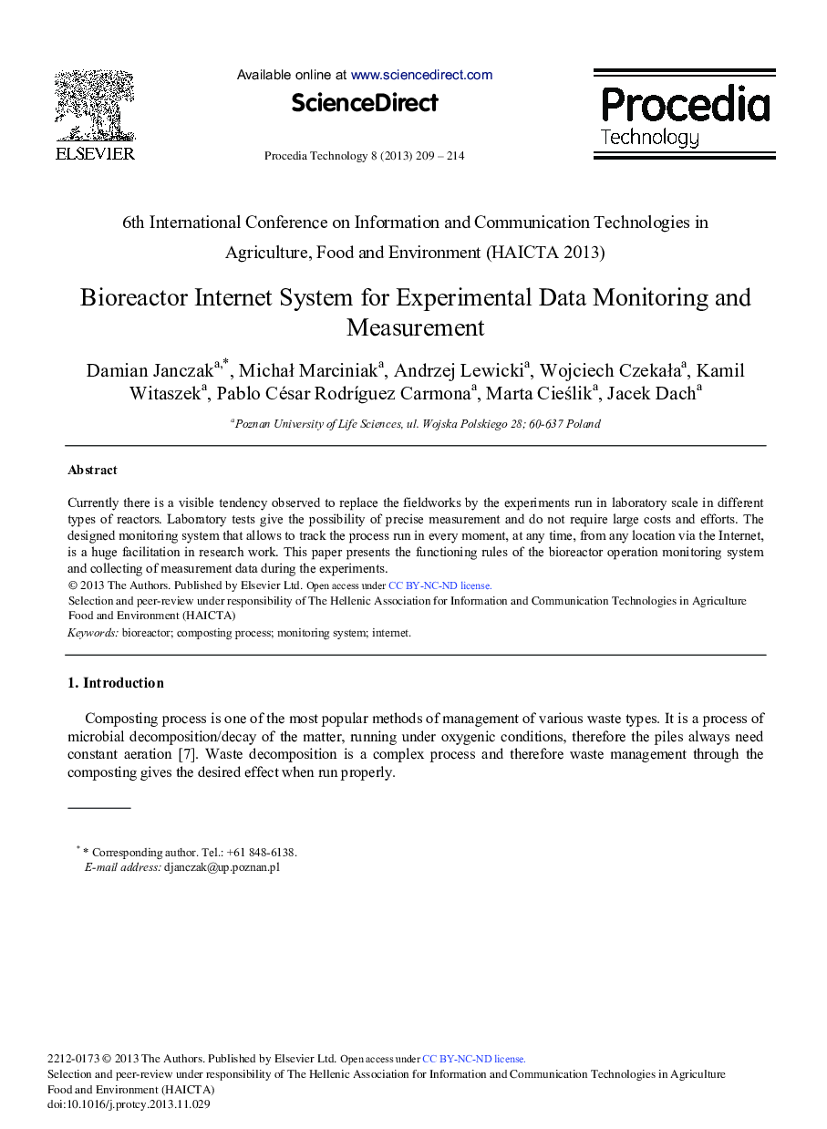 Bioreactor Internet System for Experimental Data Monitoring and Measurement 