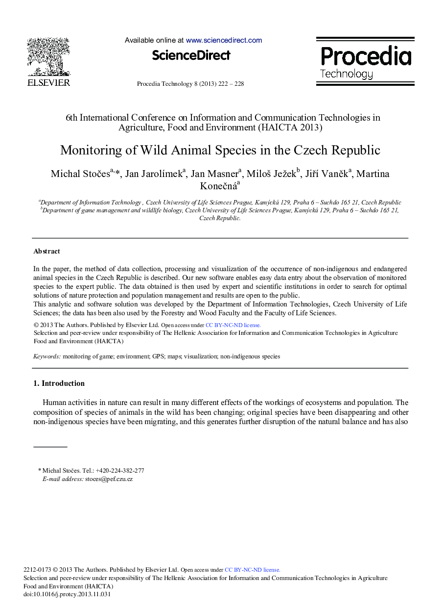 Monitoring of Wild Animal Species in the Czech Republic 