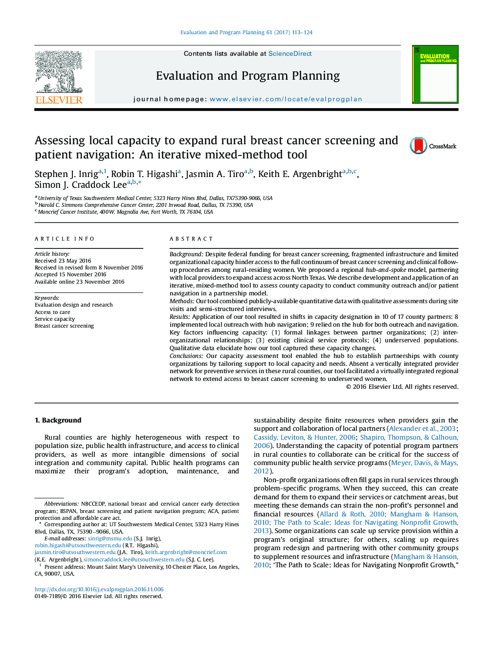 Assessing local capacity to expand rural breast cancer screening and patient navigation: An iterative mixed-method tool