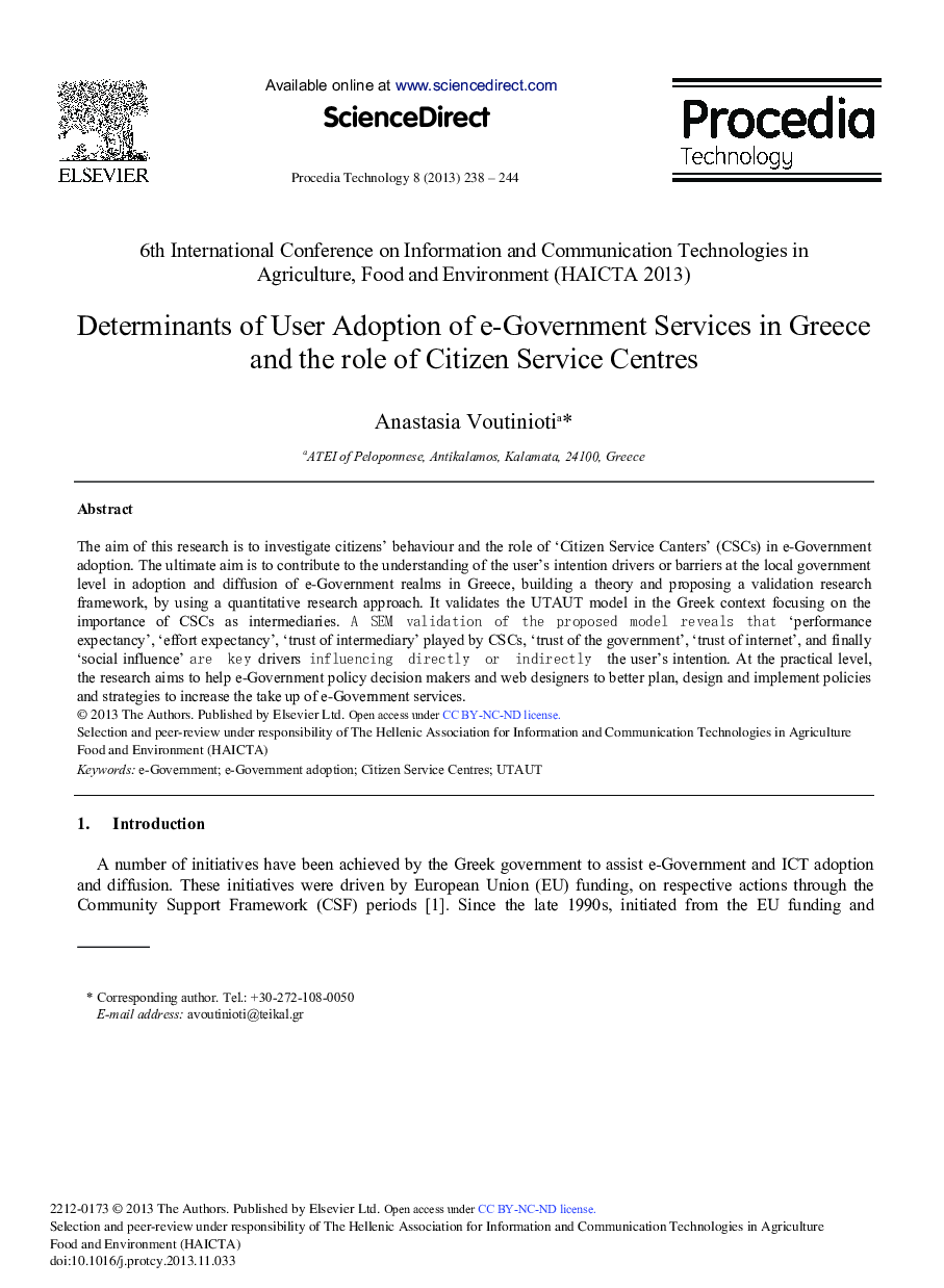 Determinants of User Adoption of e-Government Services in Greece and the Role of Citizen Service Centres 