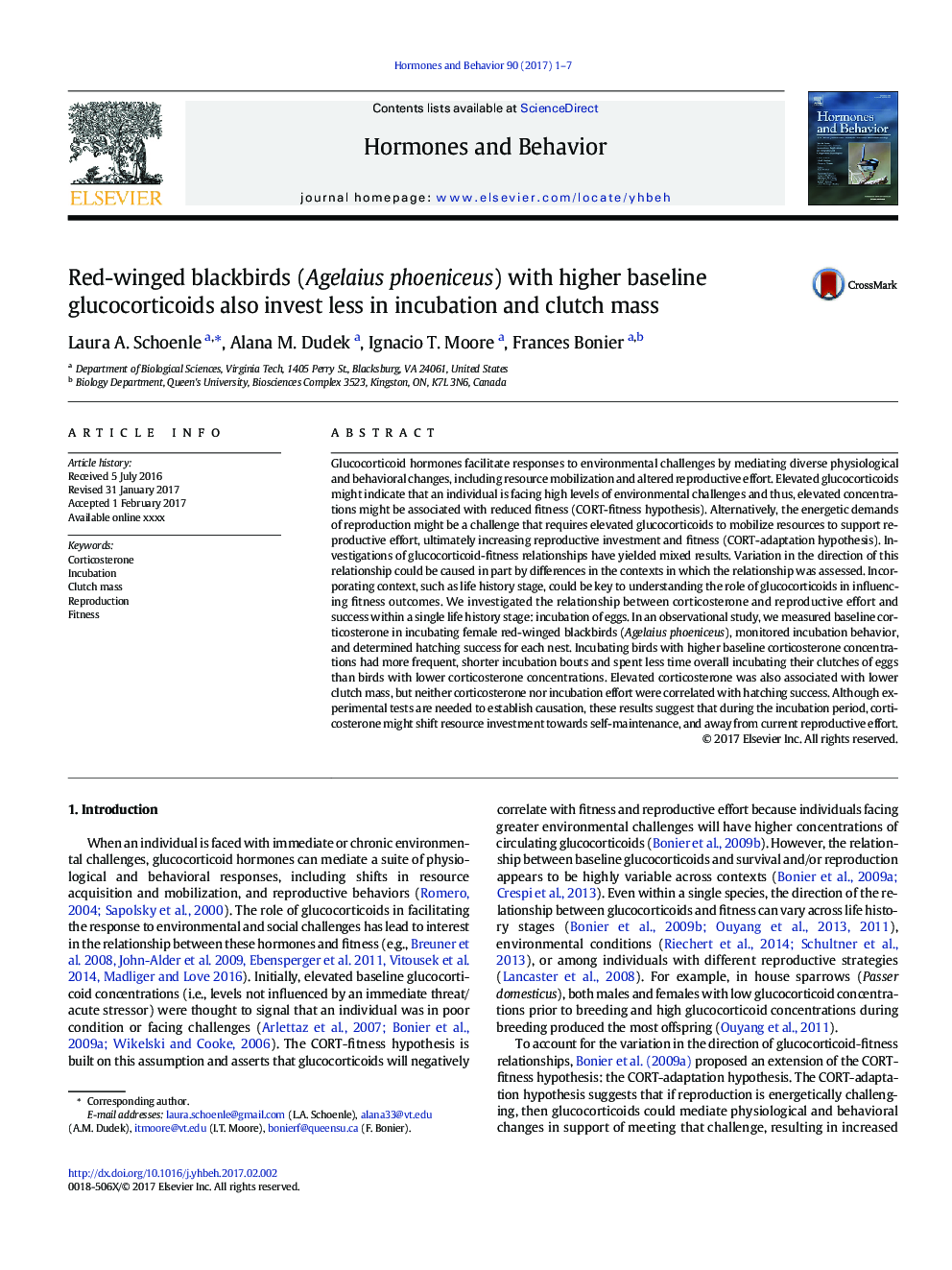 Red-winged blackbirds (Agelaius phoeniceus) with higher baseline glucocorticoids also invest less in incubation and clutch mass