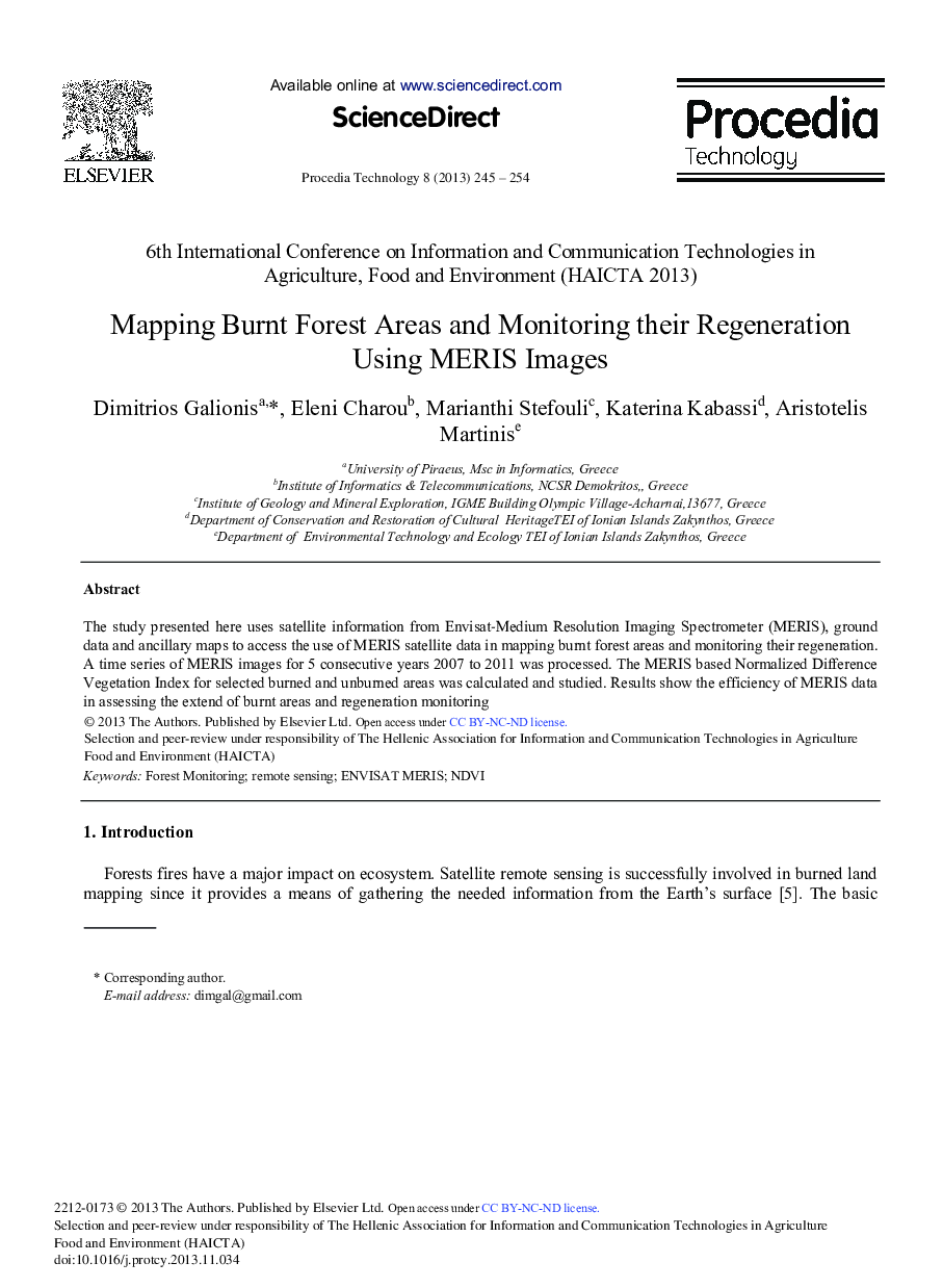 Mapping Burnt Forest Areas and Monitoring their Regeneration Using MERIS Images 